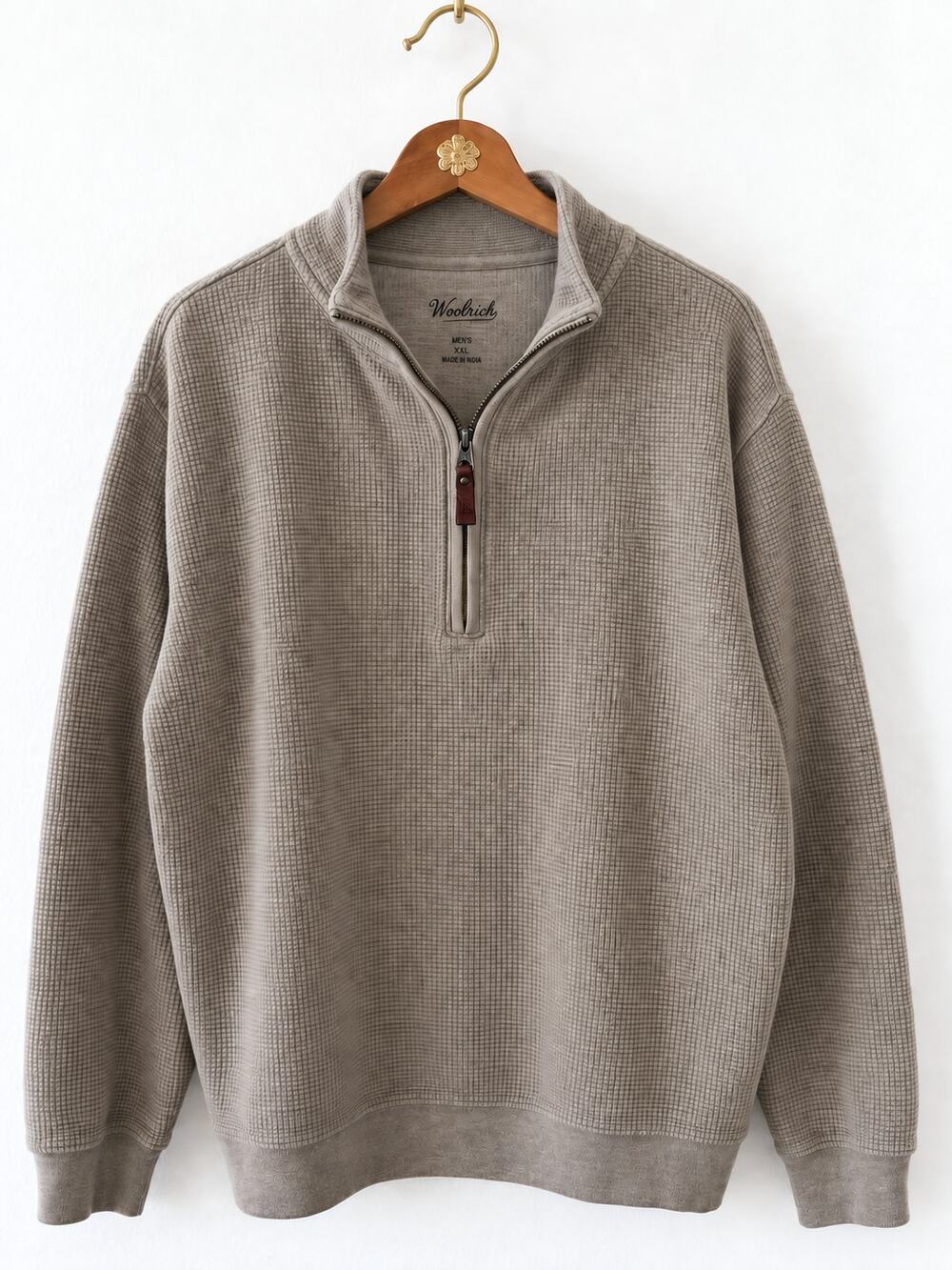 Woolrich Mens XXL Waffle Knit 100% Cotton Quarter Zip Pullover Leather Pull